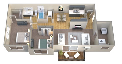 a 3d drawing of a floor plan with bedrooms and a living room